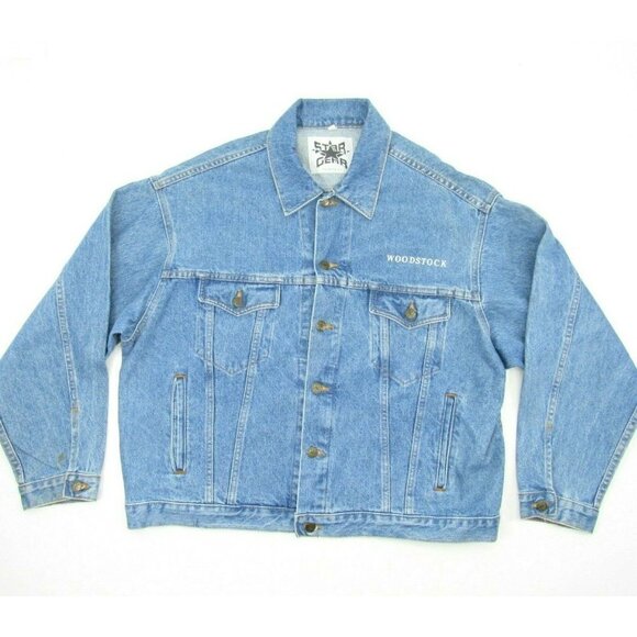 Vintage 1994 Woodstock Denim Jacket Star Gear Jean Size Large Blue Concert Patch - Picture 2 of 9